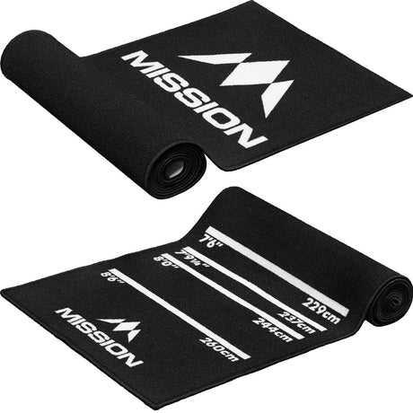 Black darts carpet mat shown rolled and unrolled, with throw line distance markings and textured non-slip backing for dart setup