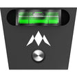 Aluminium dartboard spirit level tool with green bubble vial and fixing pin, full front view on white background