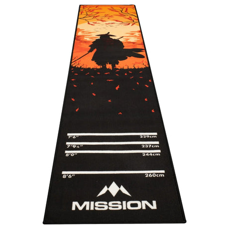 Full view angled darts mat with autumn samurai artwork, non-slip surface, and measured throw lines in centimeters and inches.