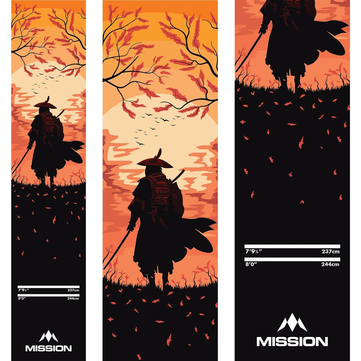 Ronin-themed carpet darts mat full view with non-slip backing, throw line distances in centimeters, and bold sunset samurai artwork