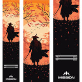 Ronin-themed carpet darts mat full view with non-slip backing, throw line distances in centimeters, and bold sunset samurai artwork