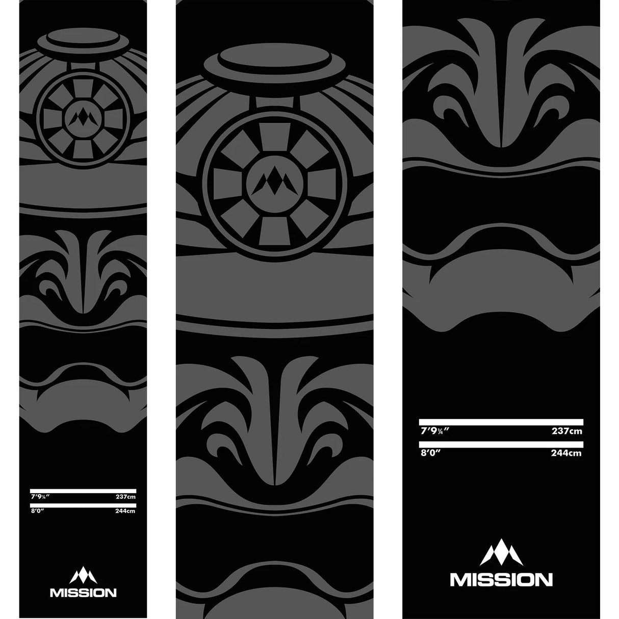 Full view darts mat with bold samurai design, throw lines at 237cm and 244cm, isolated on white background