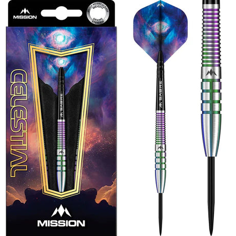 Celestial 95% tungsten dart full product view in retail packaging and isolated on white, featuring rainbow PVD barrel and ringed grip