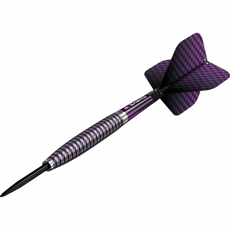 Electro purple tungsten dart with ringed grip barrel and plaid purple flight, angled full view on white background