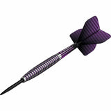 Electro purple tungsten dart with ringed grip barrel and plaid purple flight, angled full view on white background