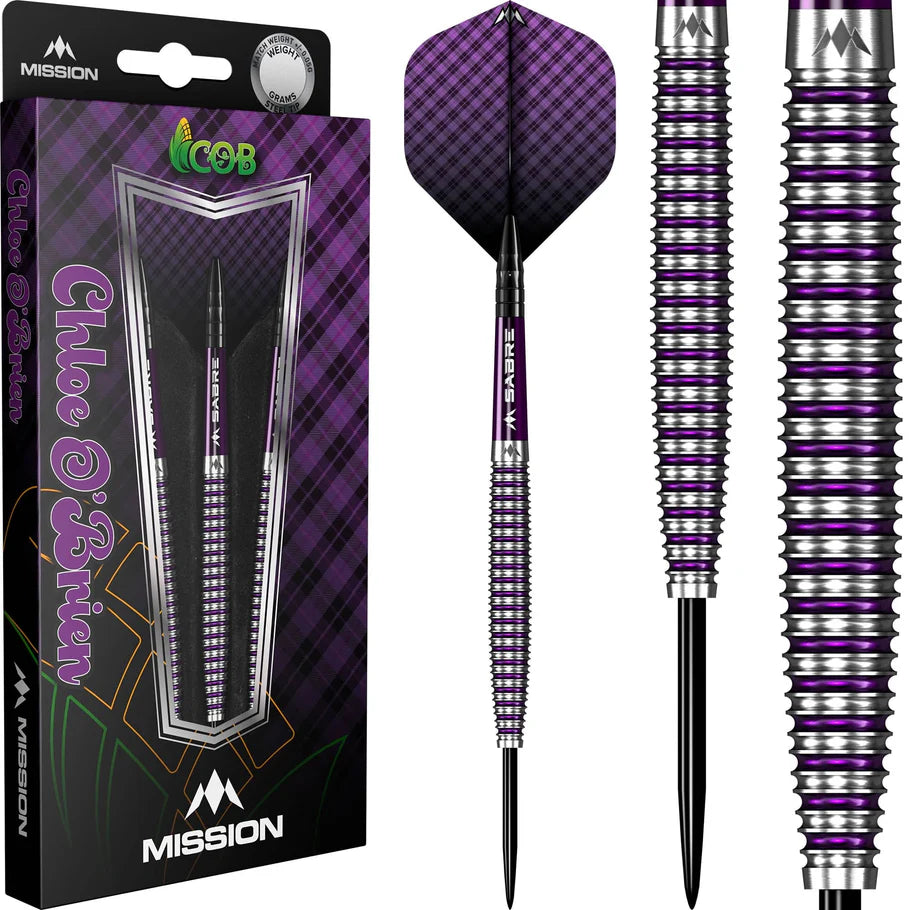 Electro purple tungsten darts set with textured barrel, showing retail packaging and close-up of grip rings