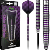 Electro purple tungsten darts set with textured barrel, showing retail packaging and close-up of grip rings