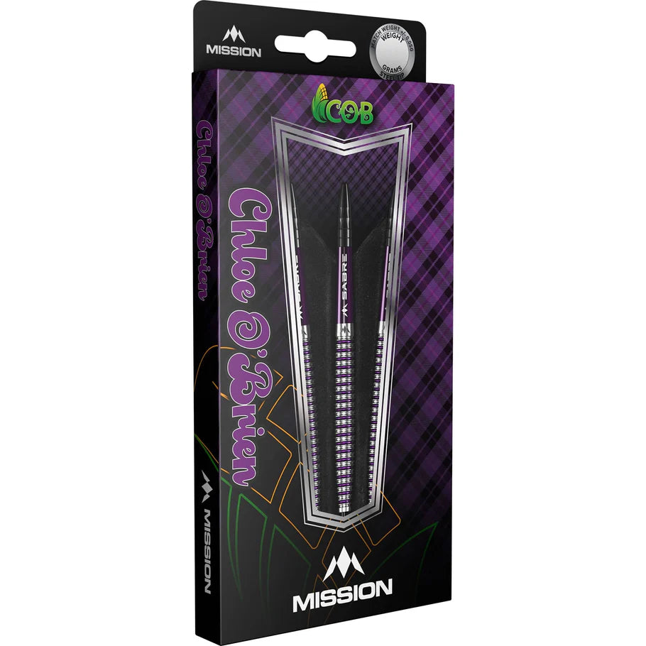 Angled boxed view of Chloe O'Brien Electro Purple 95% tungsten darts set, three darts visible with purple ringed grip barrels in retail packaging