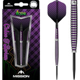 Electro purple tungsten darts in packaging with close-up of ringed grip barrel and purple plaid flights, steel tip, 95% tungsten