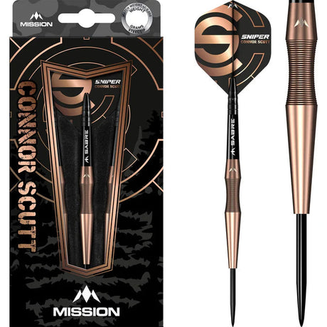 Full packaging of Connor Scutt V2 Sniper 90% tungsten darts with close-up of textured grip barrel and black-gold flight design