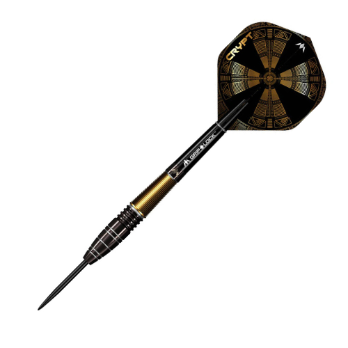 Full view tungsten dart isolated on white, featuring precision barrel grip, detailed black and gold flight, and steel tip for dart players