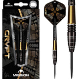 90% tungsten darts set in retail packaging with a close-up of barrel grip and gold-black patterned flights