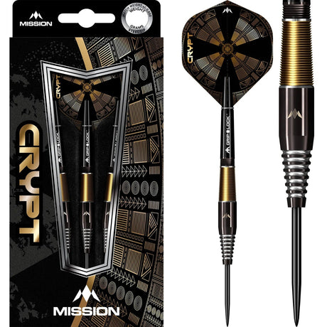Three 90% tungsten steel tip darts in retail packaging with close-up of micro-cut barrel grip and geometric flights, black and gold detail