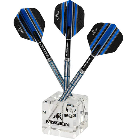 Acrylic dart display cube holding three assembled darts with blue and black flights, grip-lock shafts, and textured barrels on white background