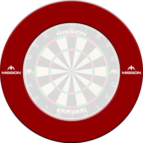 Heavy duty red dartboard surround with logo, top-down view, single item isolated on white background, ideal for dartboard protection