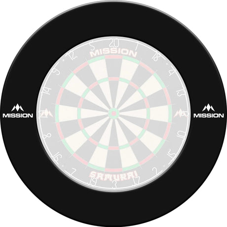 Heavy duty dartboard surround in black, full top-down view, single piece with bold protective ring and clear logo, ideal for dartboard protection