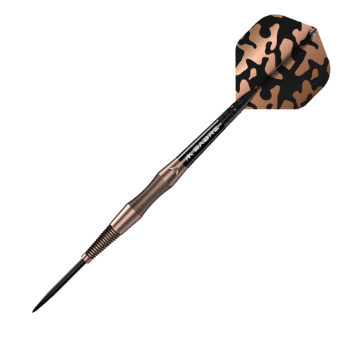 Angled tungsten dart isolated on white, showing knurled barrel grip, black point, and camouflage flight design