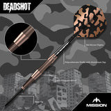 Full view dart with 95% tungsten barrel, textured grip, steel tip, camo flights, polycarbonate shaft, and detailed feature callouts.