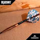 Angled close-up of tungsten dart showing grooved barrel grip detail and blue camo flight for dart players