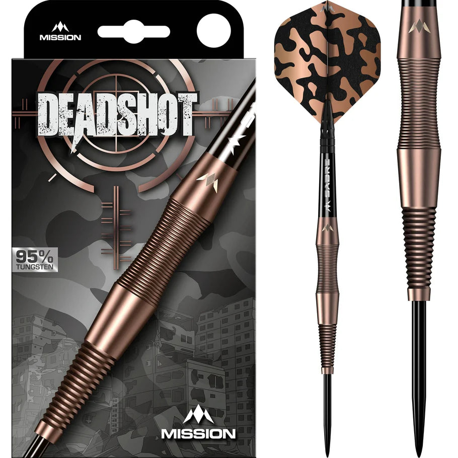 Full view tungsten dart with bronze knurled grip, black camouflage flight, and matching packaging on white background