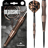 Full view tungsten dart with bronze knurled grip, black camouflage flight, and matching packaging on white background