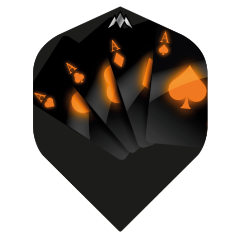 Mission Dylan Slevin No.2 dart flight upright on a white background, black with orange flame artwork