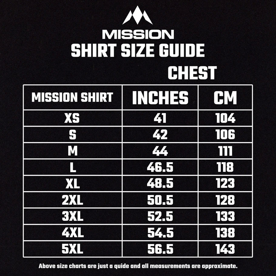 Darts shirt size guide showing chest measurements in inches and centimeters for XS to 5XL, ideal for darts enthusiasts choosing fit