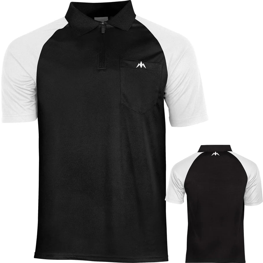 Front and back view of black and white short sleeve darts shirt with zip collar, chest pocket, and minimalist logo on white background