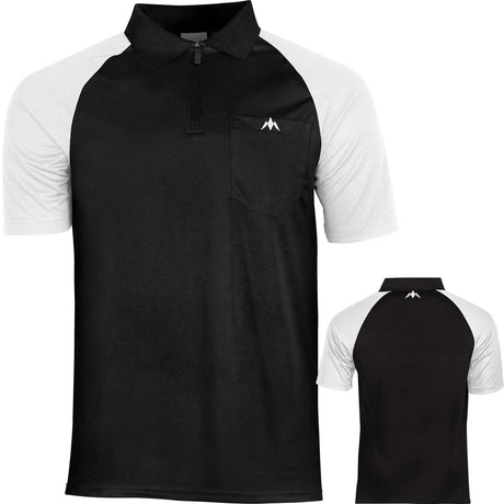 Front and back view of black and white short sleeve darts shirt with zip collar, chest pocket, and minimalist logo on white background