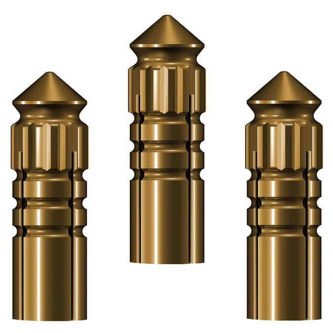 Three gold aluminium dart flight protectors with knurled grip detail, full product view on white background