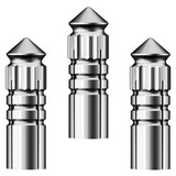 Three aluminium dart flight protectors aligned upright on white background highlighting grooved grip and conical tip design