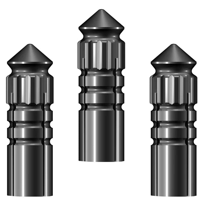 Three aluminium dart flight protectors with ridged grip texture and pointed tips, full product view on white background