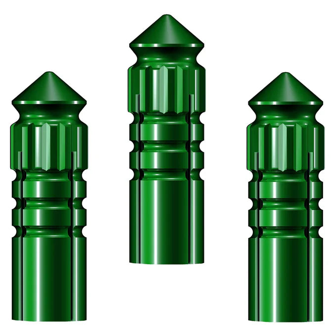 Three green aluminum dart flight protectors with ridged grip details displayed on white background