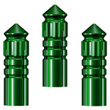 Three green aluminum dart flight protectors with ridged grip details displayed on white background