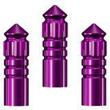 Purple aluminium dart flight protectors, full view on white, showing grooved grip and precision tips, set of three for flight protection