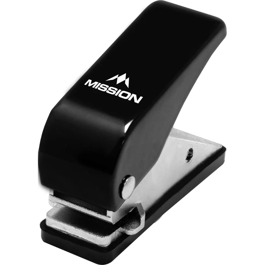 Angled view of dart flight punch tool, black handle and metal punch mechanism, isolated on white background