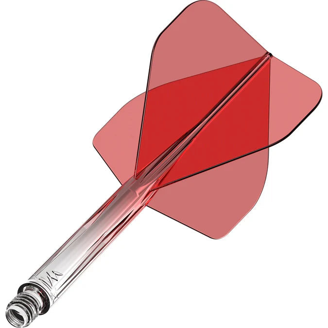 Close-up angled view of red gradient No.2 dart flight with transparent shaft, highlighting modern flight shape for dart players