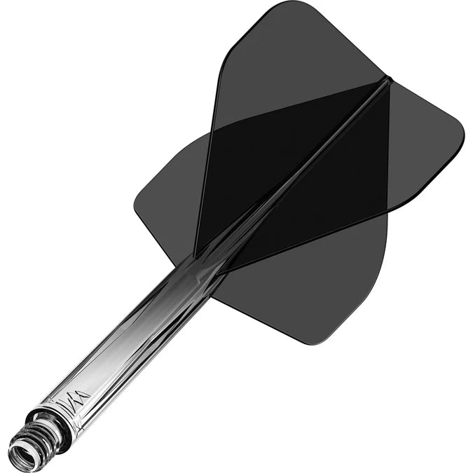 No.2 dart flight system with black gradient flight and transparent shaft, angled close-up for dart equipment detail