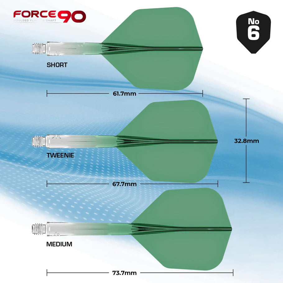 Three No. 6 dart flights and shafts in short, tweenie, and medium sizes, shown side by side with length measurements for darts comparison