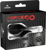 Angled view of Force 90 dart flight and shaft in retail packaging, showing molded design and flight shape through display window