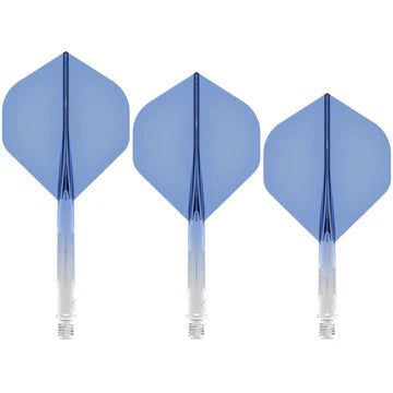 Three blue gradient No.2 dart flights with shafts displayed upright on white background, highlighting flight shape and color for darts equipment buyers