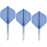 Three blue gradient No.2 dart flights with shafts displayed upright on white background, highlighting flight shape and color for darts equipment buyers