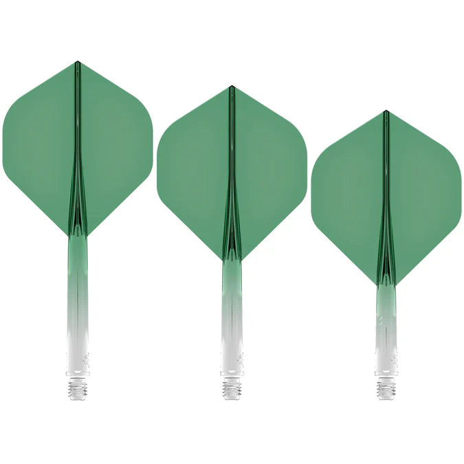 Three green gradient No.2 dart flights with shafts arranged side by side on white background, highlighting flight shape and clear stems