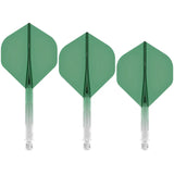 Three green gradient No.2 dart flights with shafts arranged side by side on white background, highlighting flight shape and clear stems