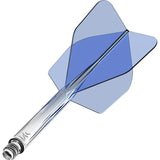 Single No.2 dart flight system with clear shaft and blue gradient flight, angled view on white background highlighting flight shape and color.