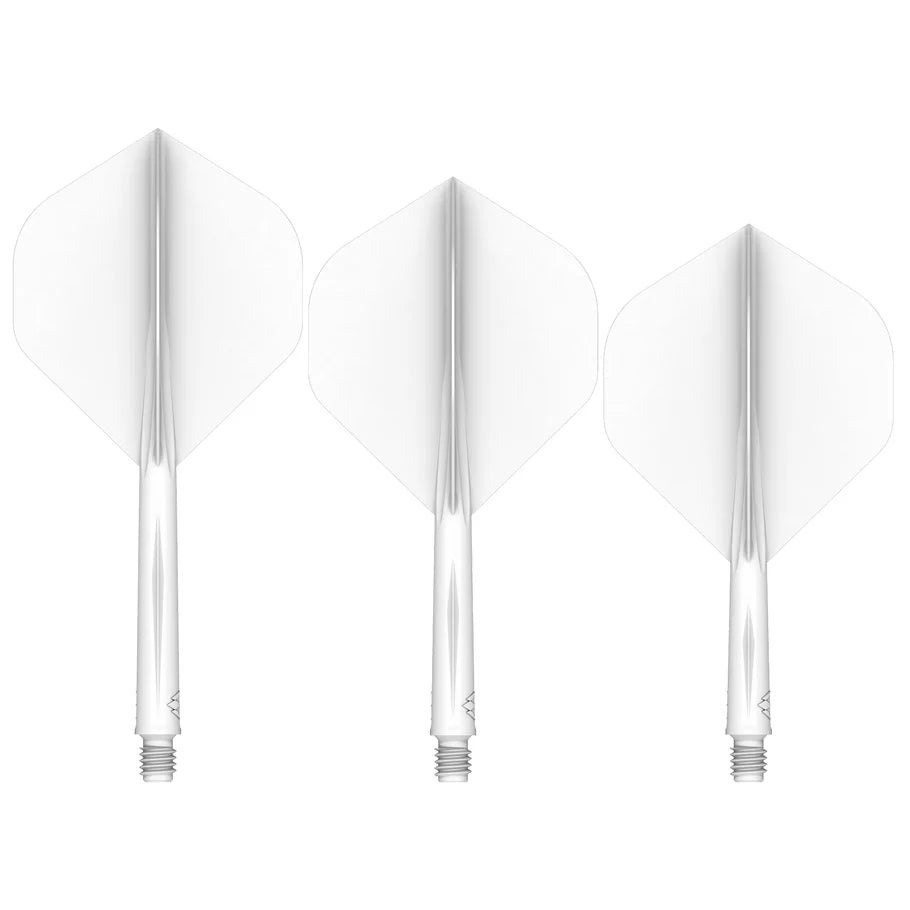 Three No.2 dart flights with shafts in clear white, full product view on white background, ideal for precision dart setup