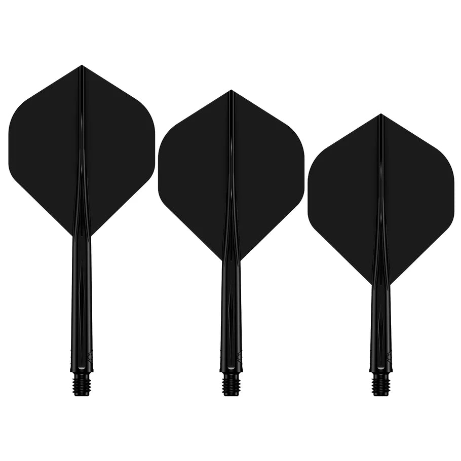 Three black No.2 dart flights with shafts upright on white background, full product view highlighting flight shape and streamlined design