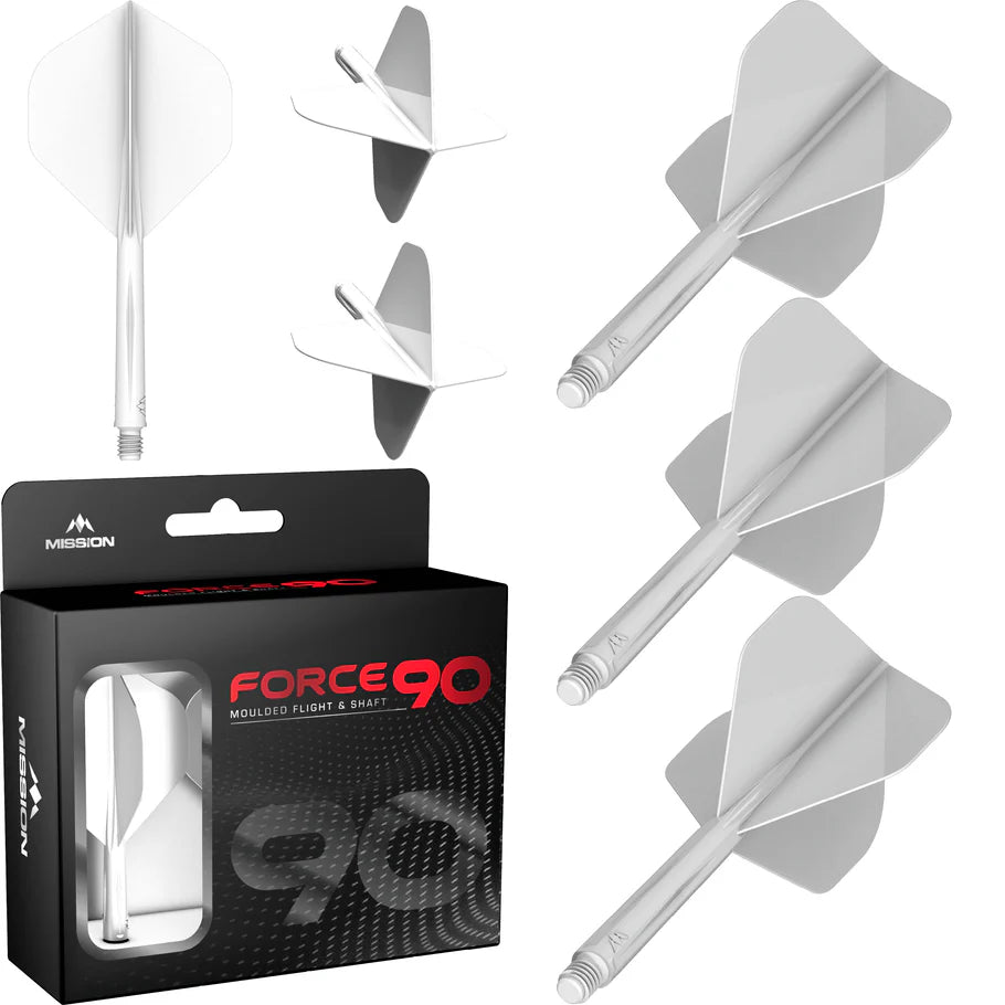Moulded dart flights and shafts set No.2, white, shown from various angles with packaging, ideal for dart setup comparison.