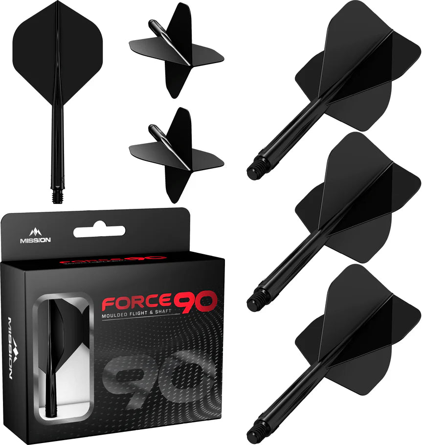 Mission Force 90 dart flights and shafts set No.2 in black, isolated on white, with retail packaging and detailed angled views