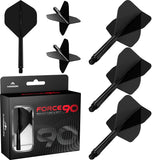 Mission Force 90 dart flights and shafts set No.2 in black, isolated on white, with retail packaging and detailed angled views
